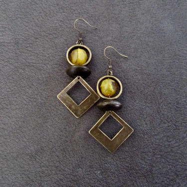 Yellow stone earrings, bronze modern earrings, unique ethnic earrings, mid century, tribal earrings, minimalist geometric earrings, agate 