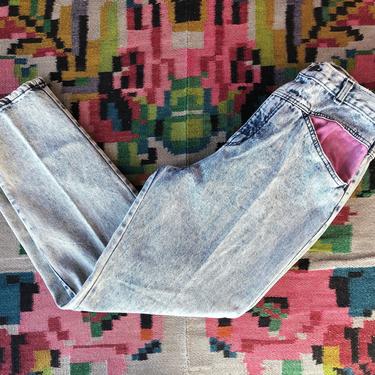 1980s/90s Vintage Acid Wash Denim Jeans With Pink Accents - 29&amp;quot; Waist by HighEnergyVintage