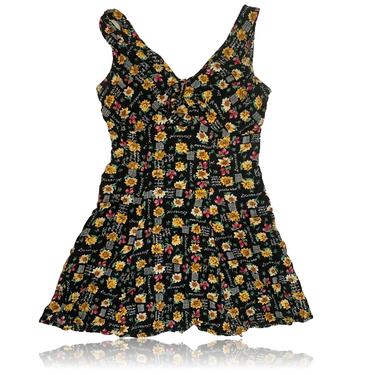 90s Sunflower Black Mini Dress // Wrapper // Size Medium 
