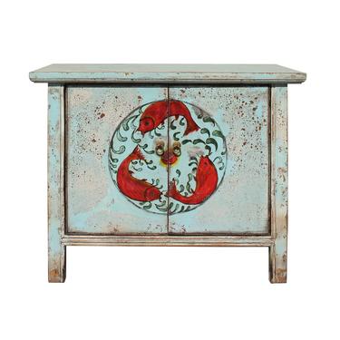 Chinese Distressed Light Pale Blue Fishes Graphic Table Cabinet cs3929E 