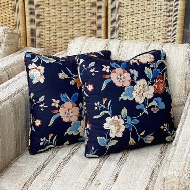 Vintage Pillow Set Retro 1980s Farmhouse + Floral Print + Square Shape + Navy and Pink + Set of 2 Matching + Home Deocr + Decorative Accent 