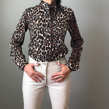 vintage 60s leopard print blouse | long sleeve mandarin collared button down shirt 