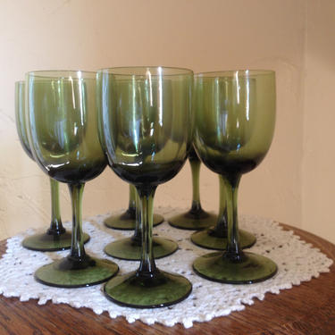 Wonderful vintage set of (12 ) Olive Green Glass Pedestal Cordial or Sherry Juice   Glasses 