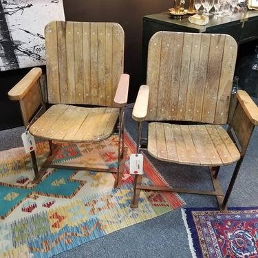 Pair of rustic antique theatre chairs. 