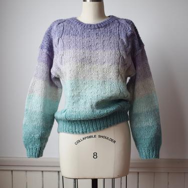 Vintage Liz Claiborne Chunky Lavender and Teal Ombre Knit | M/L | 1980s Striped Colorblock Cable Knit Sweater with Bishop Sleeves 