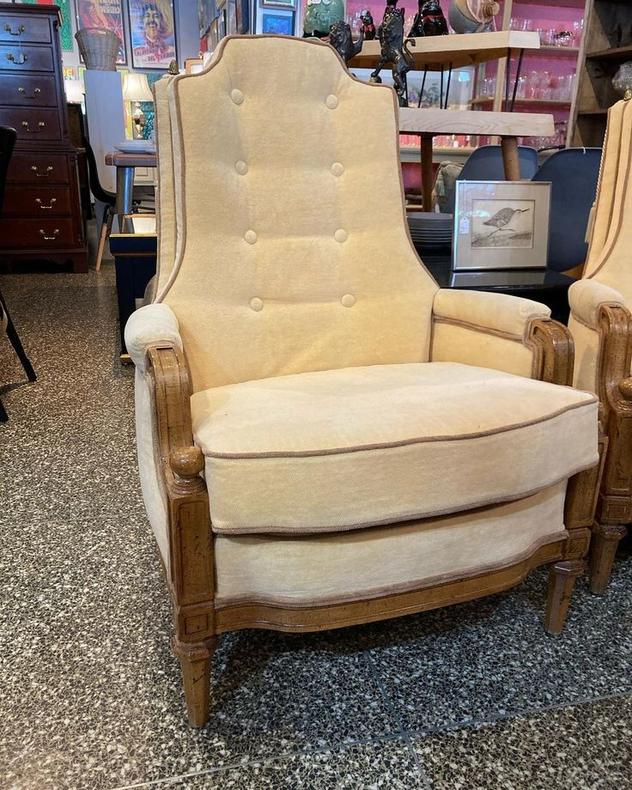 Butter yellow velvet Hollywood regency style armchair 29” x 28” x 40” Seat height 18” 