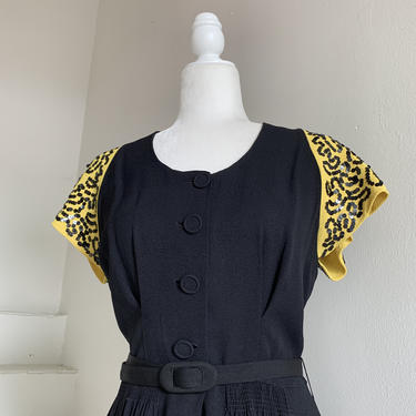 WOW! Nancy Craig 40's Rayon Yellow/Black Sequin Detail Sleeveless Cocktail Dress 36 Bust Vintage 