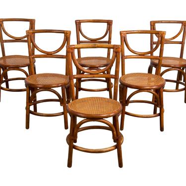 Vintage Set of 6 French Country Style Bamboo Dining Chairs W/ Cane Seats 