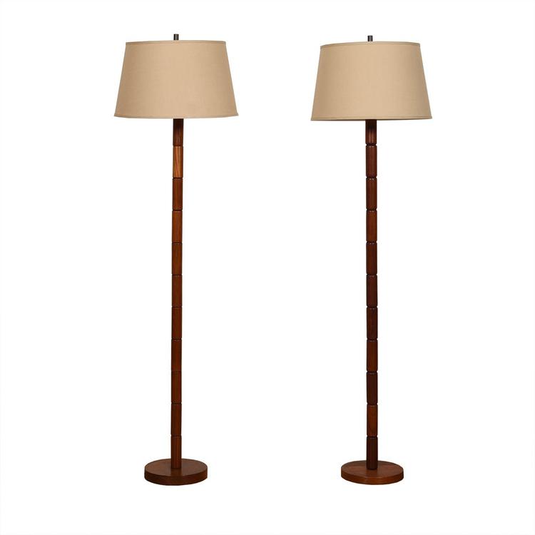 Pair of Teak Floor Lamps with Stacked Nodule Design