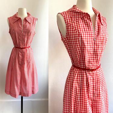 Vintage 60's RED GINGHAM House Dress / ZIP Front + Pleat Skirt / Preppy 