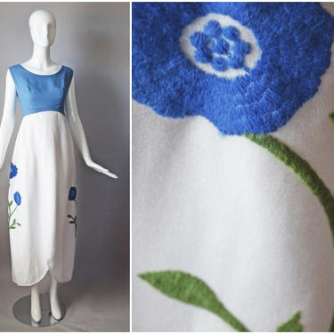 vtg 60s blue white sleeveless linen long dress w/ large embroidered blue flowers | 70s scoop neck sweetheart hem bow back waist bridesmaid 