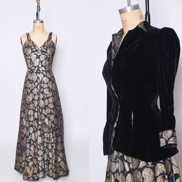 Vintage 30s floral evening gown and velvet jacket / 2 piece dress / lurex gown and matching jacket / 1930s shimmery evening dress and jacket 