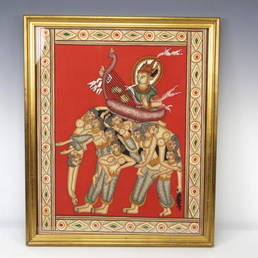 Vintage Original Indian Art Painting on Fabric Harem Queen Harp Elephant Framed 