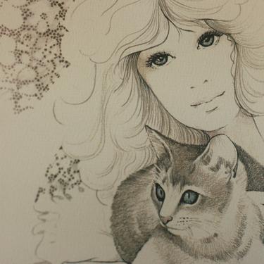 vintage Tara cat with girl print boho hippie 70's art print 