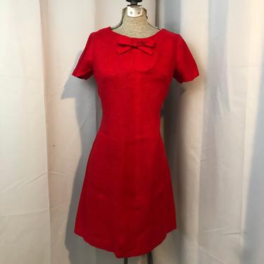 1960s Red a line linen shift dress vintage mod with bow M 