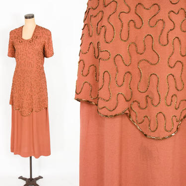 1940s Copper Beaded Evening Dress | 40s Brown Beaded Evening Gown | Old Hollywood | Large 