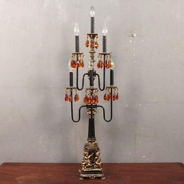 Tall Regency Beaded &amp; Brass Candelabra Table Lamp