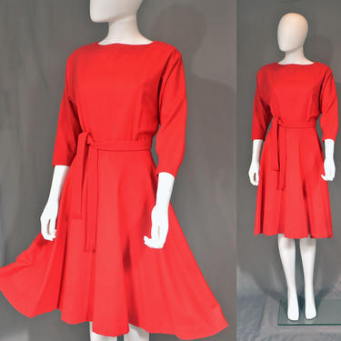 vintage 50s handmade dress 1950s cherry red peplum full circle skirt holiday party 1960s 60s short S small 