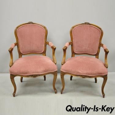 Pair of Antique French Provincial Louis XV Style Carved Walnut Small Arm Chairs