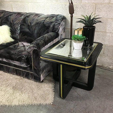 LOCAL PICKUP ONLY Vintage Mirrored End Table Retro 1980's Black and Gold Lacquered Rectangular Side Table with Beveled Glass Insert 