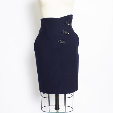 Vintage Claude Montana Skirt 1980s Navy Wool Asymmetric Designer 80s XS 