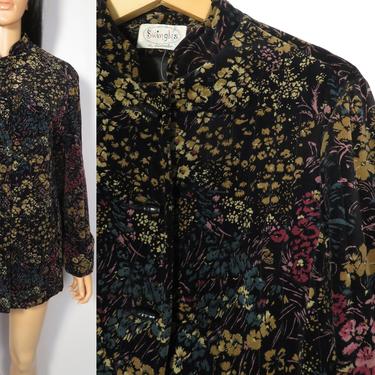 Vintage 60s/70s Boho Hippie Black Velvet Quilted Floral Print Toggle Button Midweight Fall Jacket Size L 