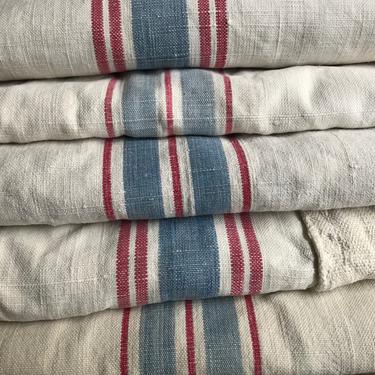 1 French Linen Laundry Sack, Blue Red Stripe, Upholstery Project Textile, French Farmhouse 