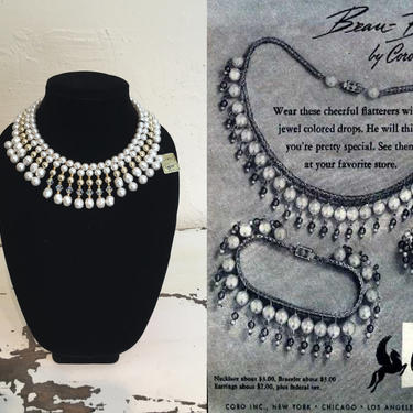 He'll Think You're Pretty Special - Vintage 1950s NOS Coro Ivory Simulated Pearl Dangle Choker Necklace w/AB Beads 