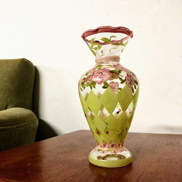 Vintage Hand Painted Green and Pink Glass Bud Vase 
