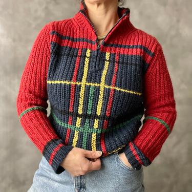 Vintage Red Blue Plaid Tartan Mock Turtleneck Sweater, Size S 