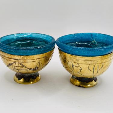 Rare Brass Salt Cellar Dip Bowl with Blue Blown Glass insert- Etched design. 