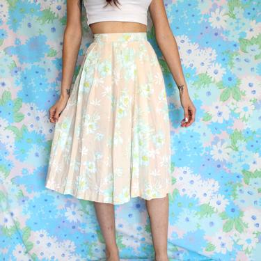 Vintage 70s Floral Skirt, Tropical Handmade Pastel Pleated, Size XS, Mint, Cream, and Neon Green colors 