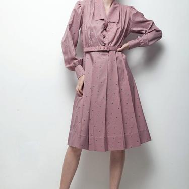 70s does 50s shirtwaist dress gray pink checked plaid pleated long sleeves LARGE L 