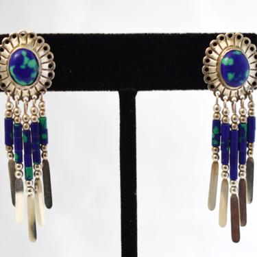 70's Southwestern sterling azurite malachite sunflower paddle dangle studs, blue-green stone 925 silver tribal floral shield earrings 