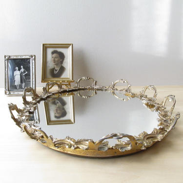 gold plated ormolu vintage vanity tray - heavy scroll mirror tray 