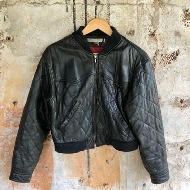 1990s Limited Black Cropped Quilted Leather Bomber Jacket S M 