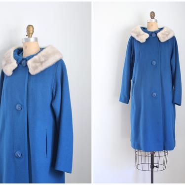 vintage 1950s cerulean blue coat - dove gray mink collar coat / 50s ladies wool winter coat - fur collar / gray mink fur collar coat 