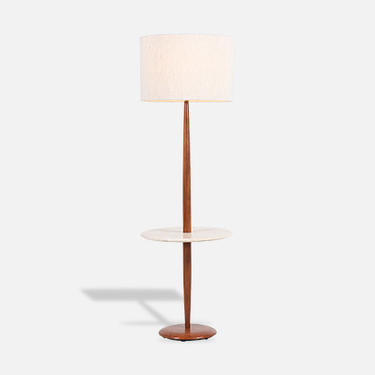 Mid-Century Modern Marble & Walnut Floor Lamp with Side Table by Laurel