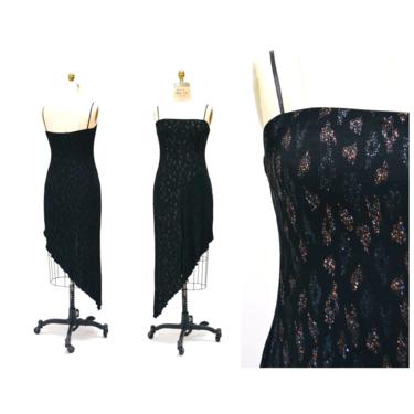 90s 2000s Y2k Vintage Black Knit Asymmetrical Dress Medium Large Stretch Metallic Black Dress// 2000s y2k Party Club Prom Dress Large 
