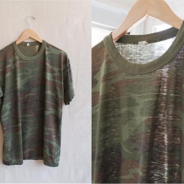 Vintage 80s Paper Thin Camo T Shirt/ 1980s Green Camouflage Distressed T Shirt/ Size Large 