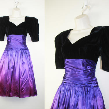 Vintage 1980s Purple Ombre &amp; Black Velvet Party Dress, Size Small 