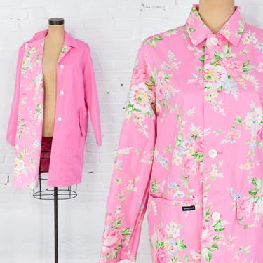 1990s Pink Flowered Raincoat | 60s Pink Reversible Coat | Large 