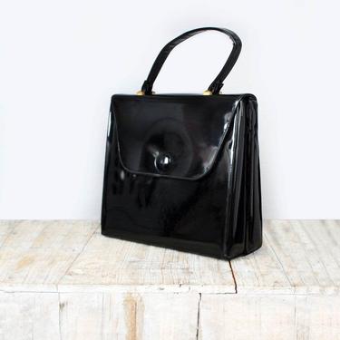 Big Black Shiny Vinyl Handbag Top Handle Purse MOD Patent Leather Hepburn style vintage Clutch Box Bag 1960's, 1950's black &amp; white Stripe 