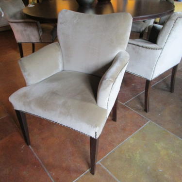 SET OF SIX DINING CHAIRS IN TAUPE / SILVER  GREY UPHOLSTERY WITH NAILHEAD TRIM