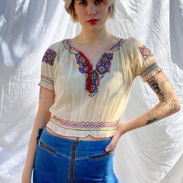 1940's Hungarian Embroidered Peasant Blouse with Colorful Threading / Semi Sheer 