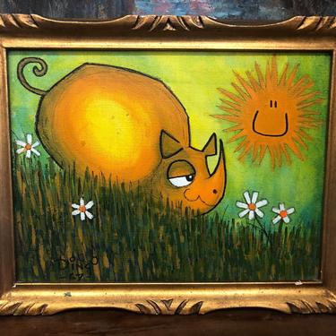 Vintage 1967 Signed Dingo Colorful Framed Painting Orange Rhino Meadow Cartoon Retro Comic Wall Art Home Decor Animal Mid Century Modern 