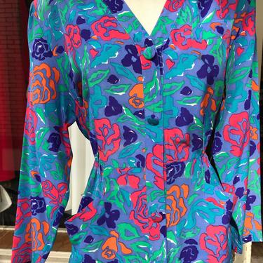 Silk floral print Colorful crepe dress  80's 90's long sleeve ~ green purple blue orange~ fitted waist~ boxy military 1980's 