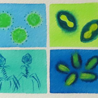 Blue and Green Viruses - original watercolor painting - microbiology art 