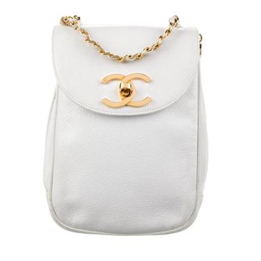 Vintage 90's CHANEL CC Turnlock Logo White CAVIAR Leather Gold Chain Purse Shoulder Crossbody Clutch Evening Bag 