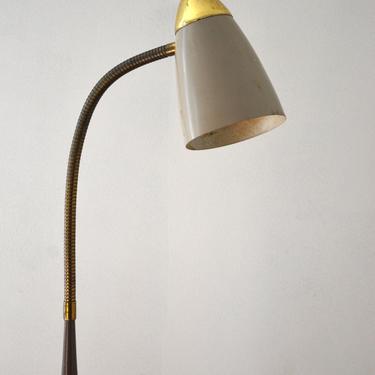 Mid-Century Modern Single Gooseneck Floor Lamp in Taupe and Gold, in the style of Gerald Thurston 